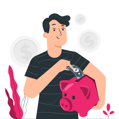 Cartoon character putting coins into piggy bank