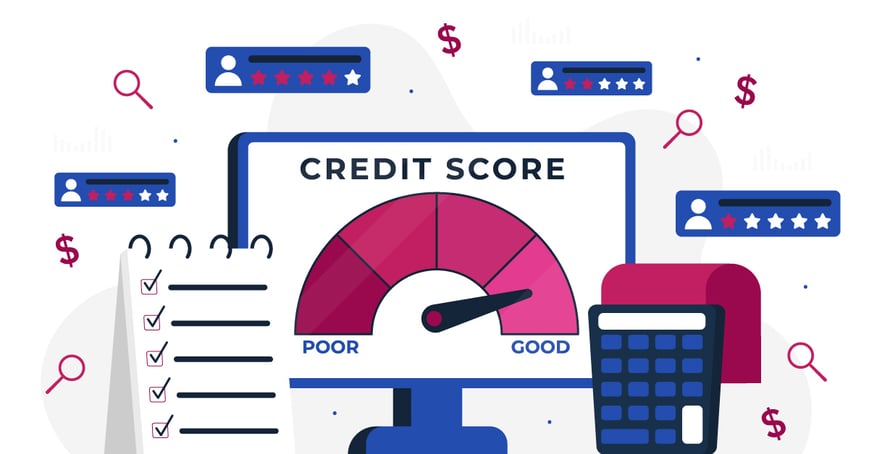 Infographic depicting a laptop, calculator, checklist and credit score calculation
