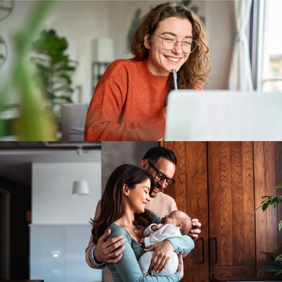 split screen young woman at a laptop and couple holding baby