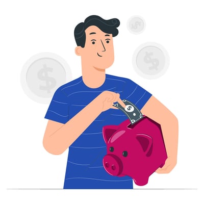 Cartoon man putting coins into piggy bank