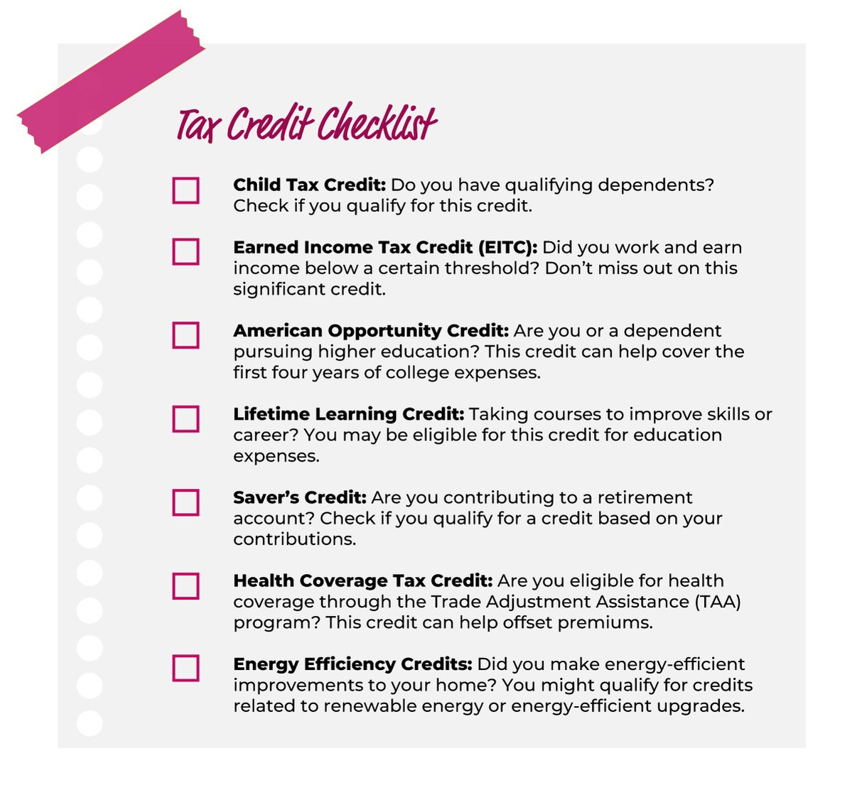 Tax credit checklist