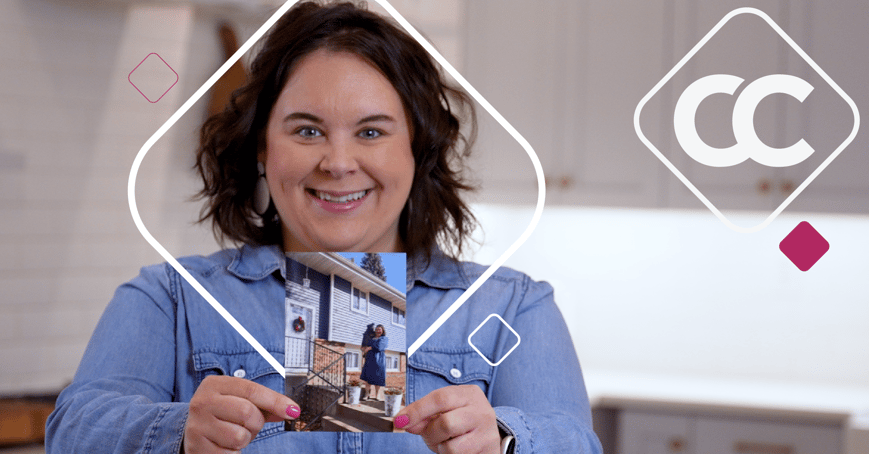 CCCU member holds photo up of the house she purchased with her home loan.