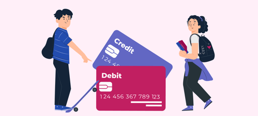 Kids with credit and debit card graphic