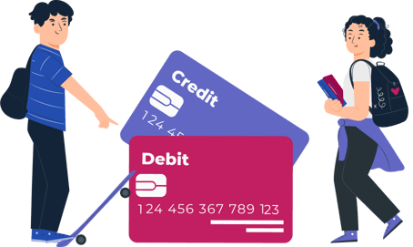 Active kids around credit/debit cards illustration