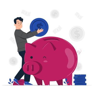 CCCU cartoon character putting coins in piggy bank